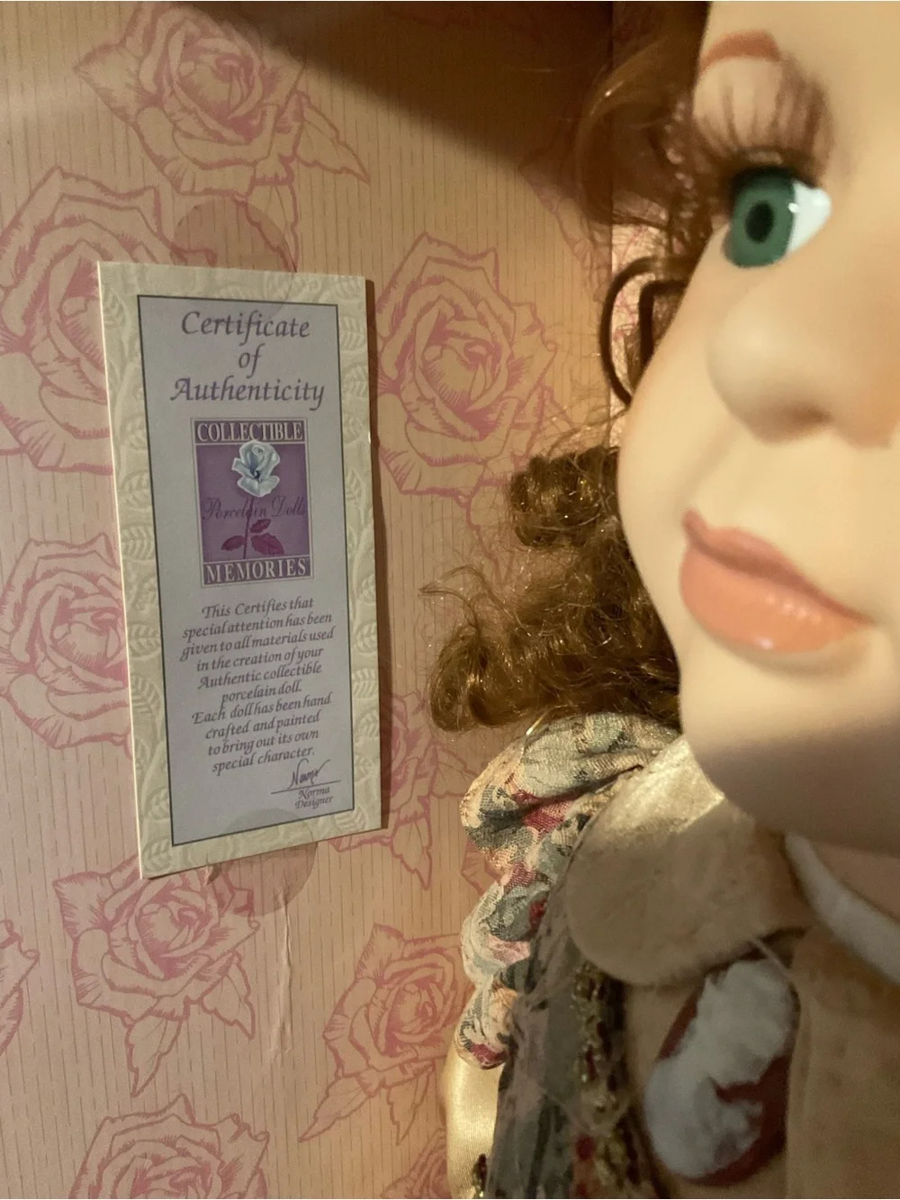 Express Porcelain Doll in Floral Cream and Pink Dress with Brown Teddy